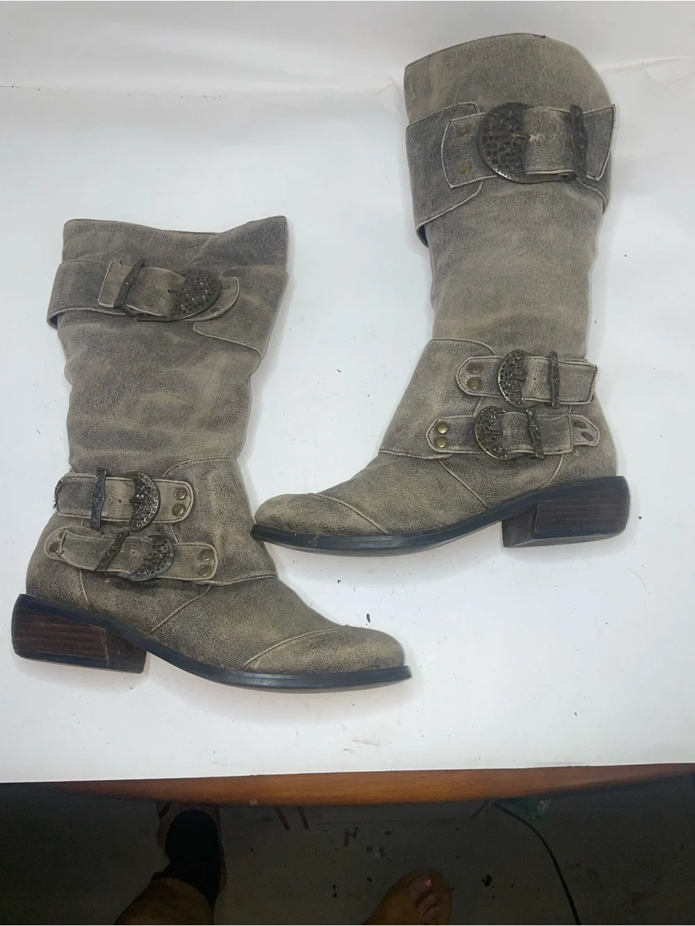 Two Lips Distressed Grey Suede feel 14” tall Buckle Boots